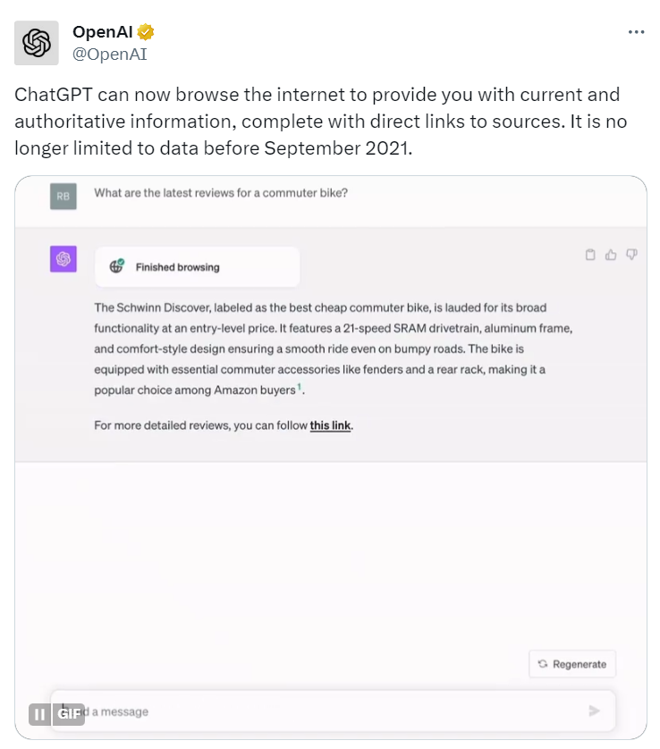图片[1] - ChatGPT再迎来重大升级，支持联网功能 - AIBetas