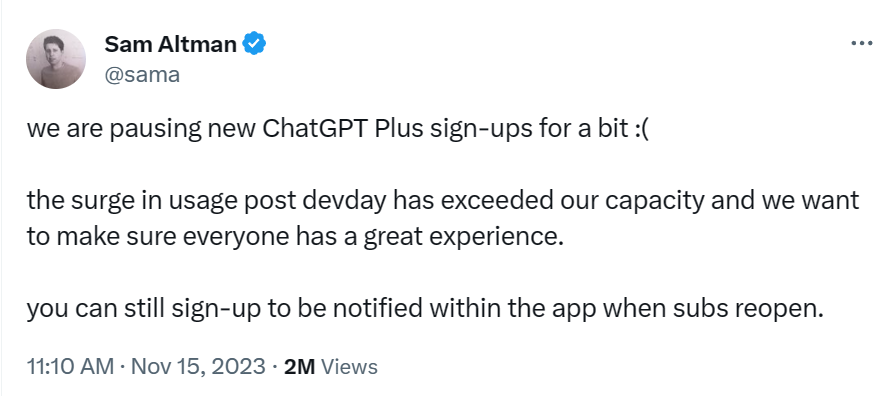 OpenAI 暂停 ChatGPT Plus 新用户注册，使用量超出服务承受能力
