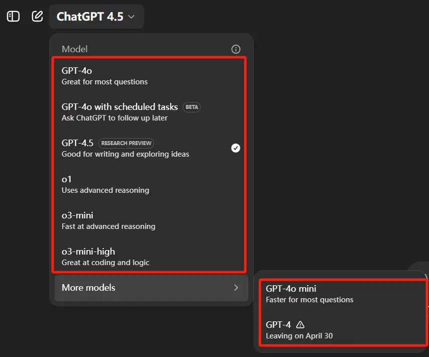 图片[2] - OpenAI全面停用GPT-4，一文读懂GPT-4o/GPT-4mini/o1/o3 mini/GPT-4.5的区别